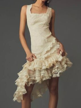 Anthropologie Geisha Designs Square-Neck Ruffled Asymmetrical Lace Dress Size M